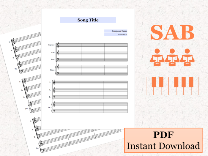 SAB Choir Piano - Printable Blank Sheet Music Paper PDF