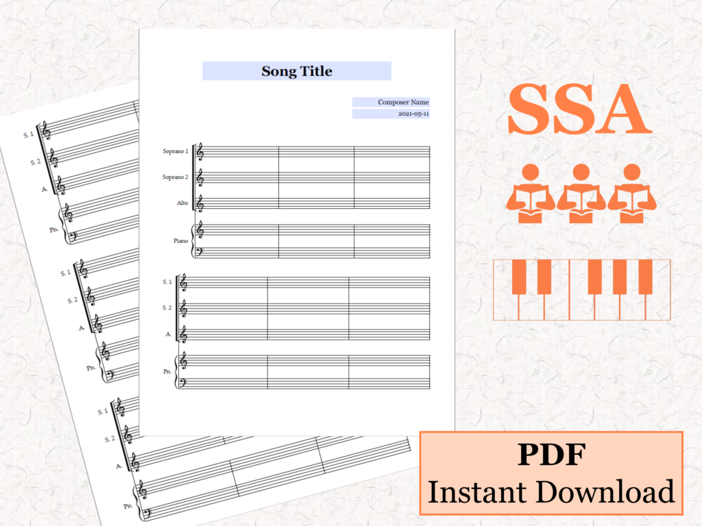 SSA Choir and Piano Blank Sheet Music, Music Staff Bar Charts