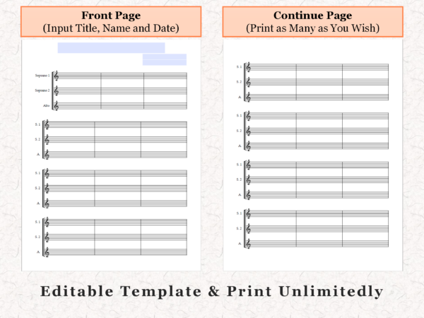 SATB Choir and Piano - Blank Sheet Music, Music Staff Bar Charts, Editable  Title Name Date Template, A4 and US Letter Size, Printable PDF - HelloClefs